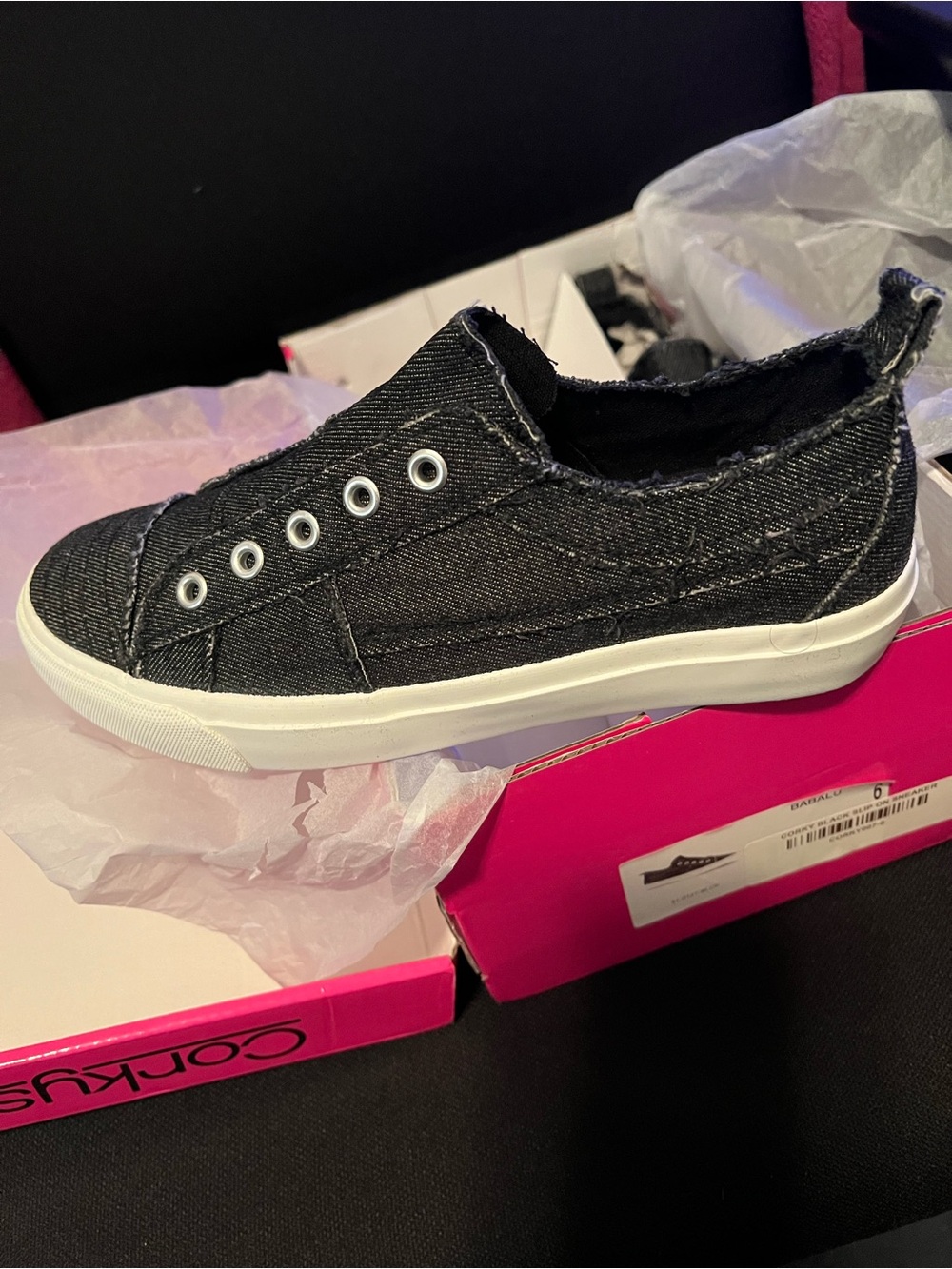 Corkys Black Slip-On Denim Sneakers with White Sole